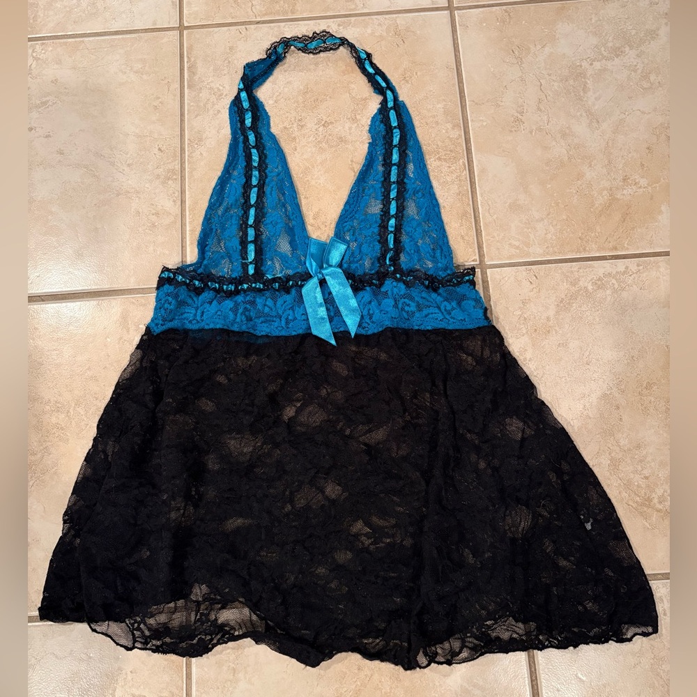 Blue and Black Lace Halter Top